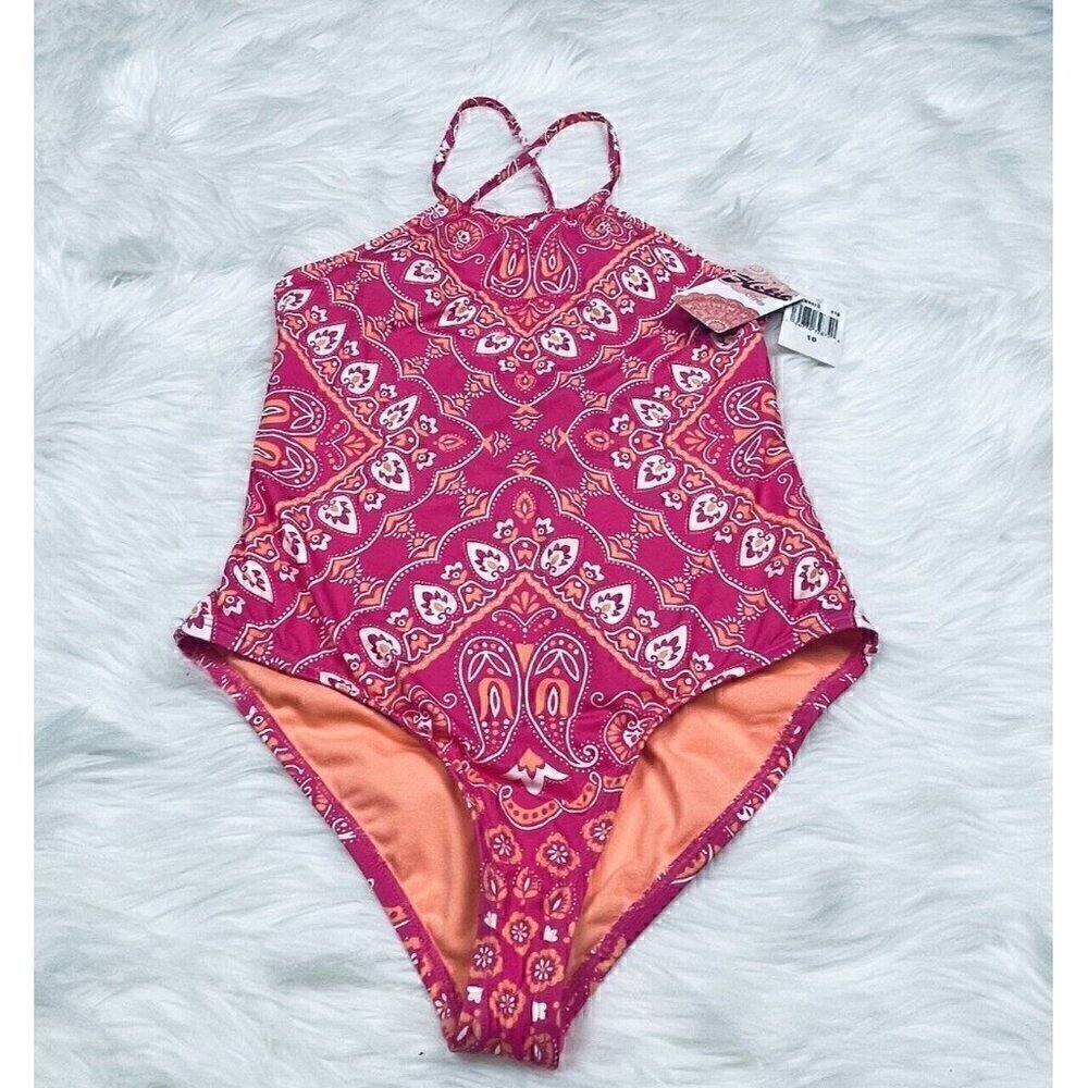 NEW HOBIE High Neck Halter One Piece Girls Size 16 Swimsuit Swimwear Pink